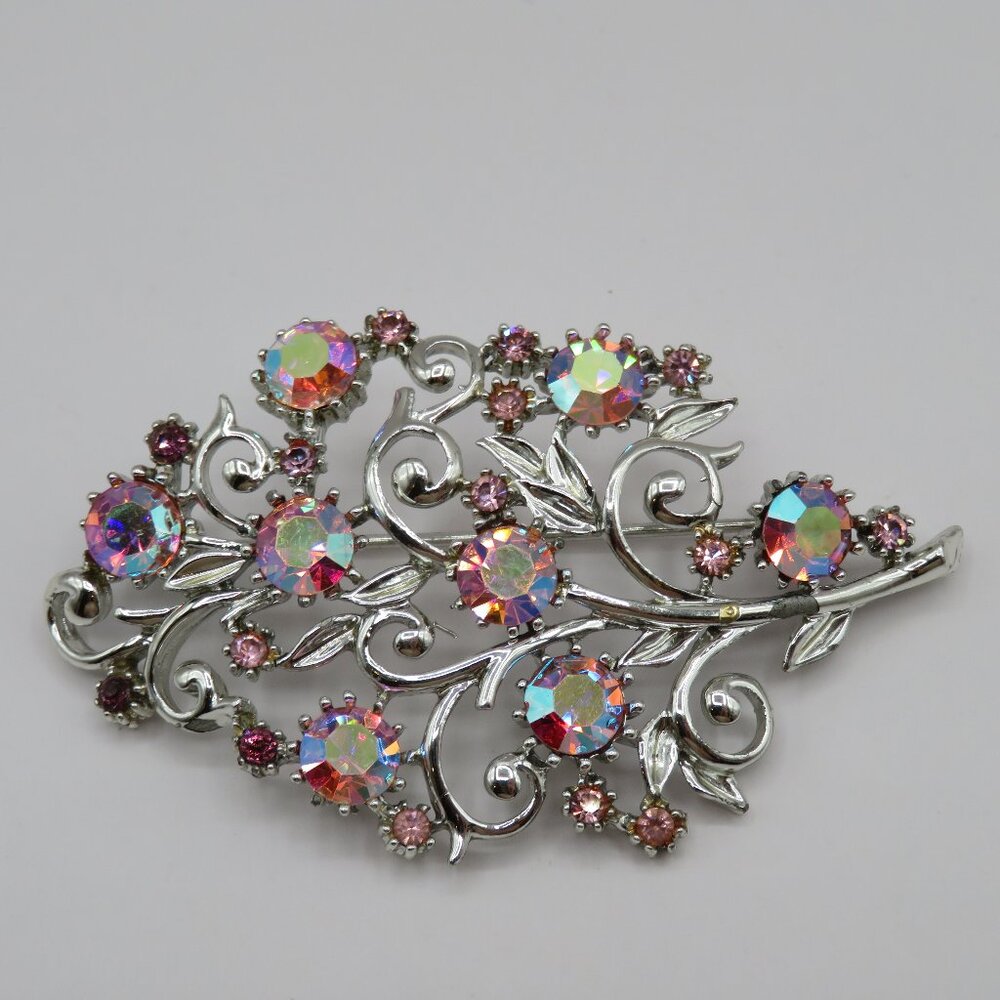 Coro Pegasus Vintage AB Rhinestones Silver Tone Floral Brooch